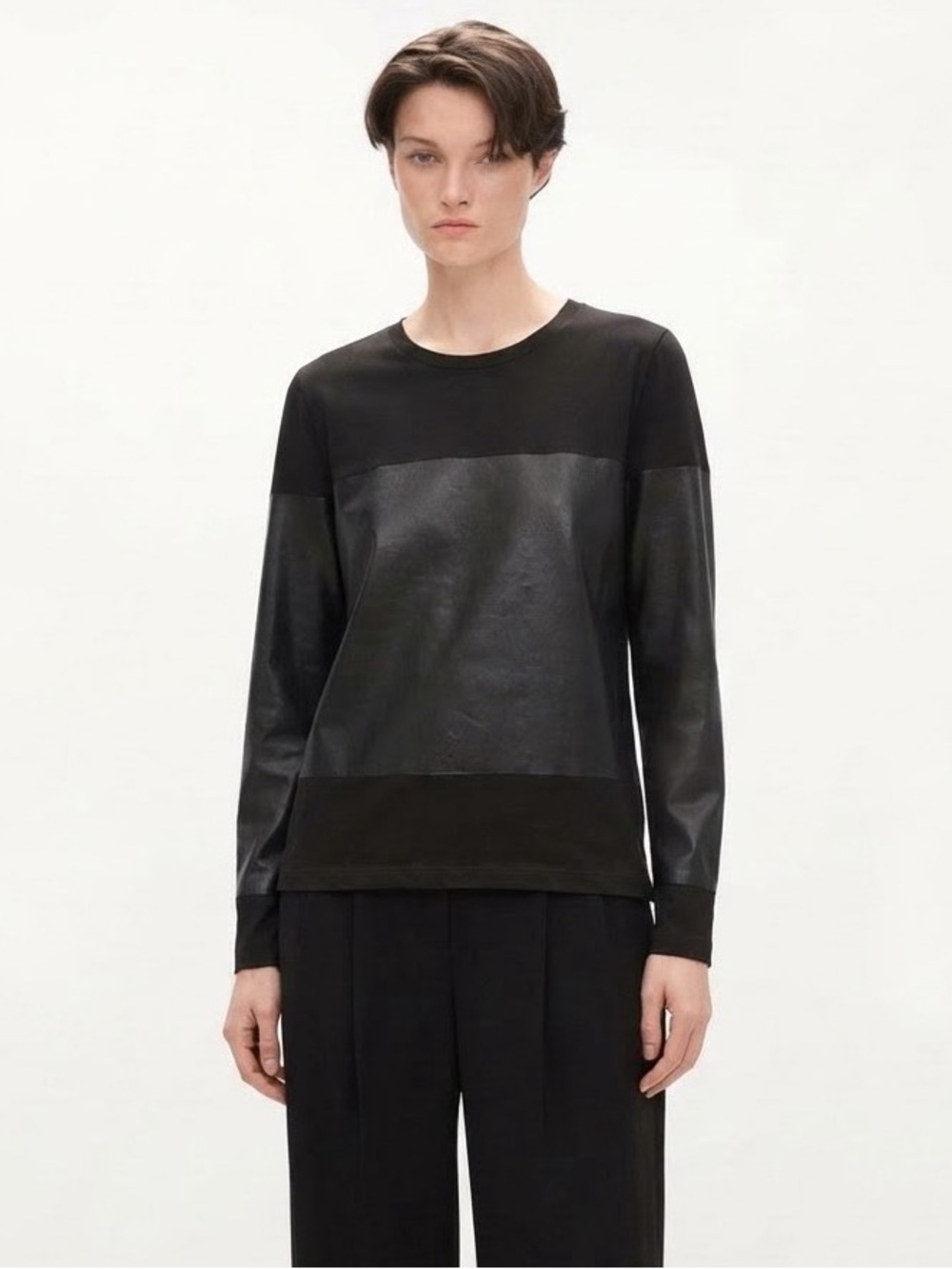 THEORY Henroa G Encase Mixed Media Faux Leather Cotton Black Knit Long Sleeve L
